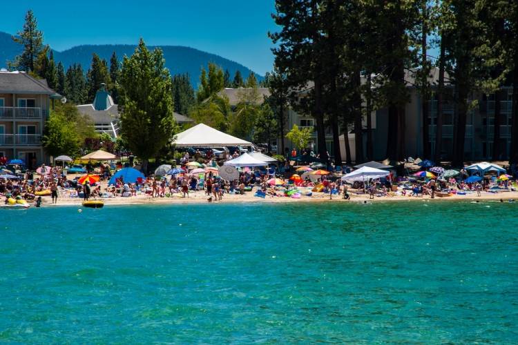 Crowded Lake Tahoe beach for the 4th of July