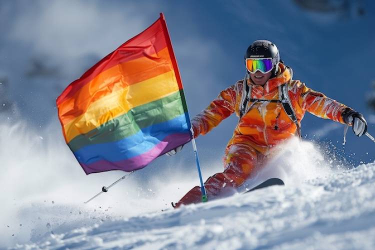 person skiing down with a pride flag