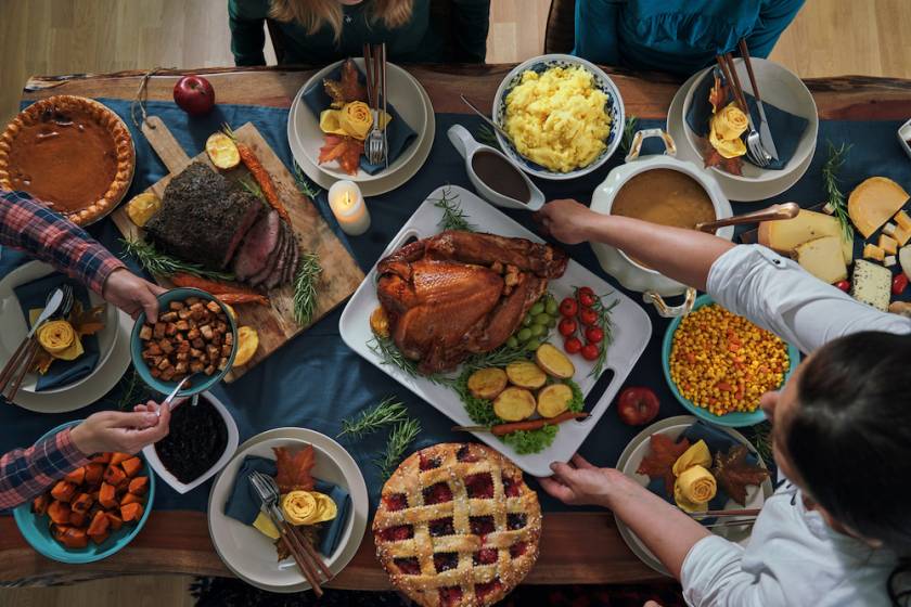 aerial view of thanksgiving table food spread
