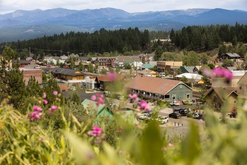 A row of Downtown Truckee's historic buildings photographed from a nearby hillside