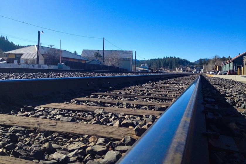 Closeup of train tracks in Historic Downtown Truckee